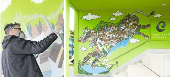 Innert weniger als zwei Tagen schuf Andy Council aus Bristol die Zuger Graffiti-Kuh beim Eingang zur Tagesschule Elementa in Neuheim. (Bilder Claudia Faganini /%20Jakob%20Ineichen%29