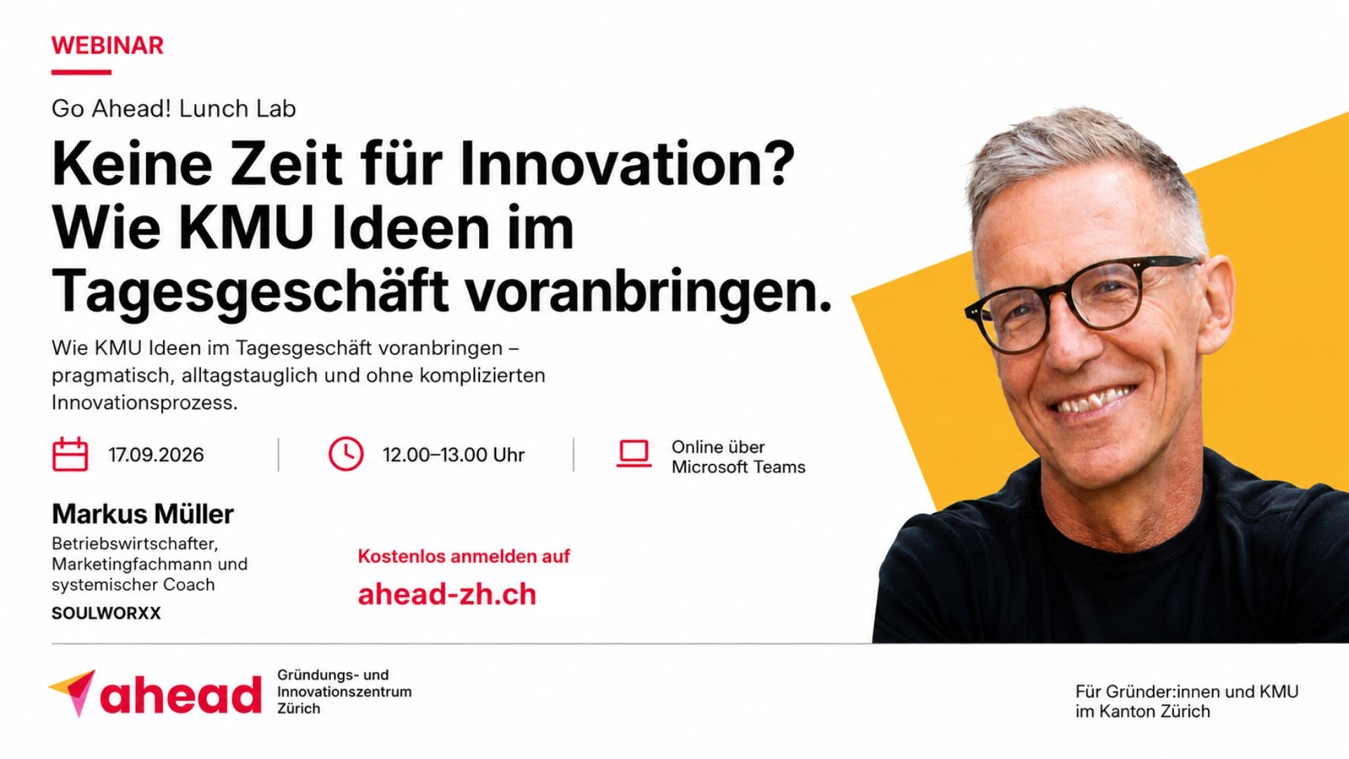 Titelbild des Events: Webinar: Keine Zeit für Innovation? Wie KMU Ideen im Tagesgeschäft voranbringen