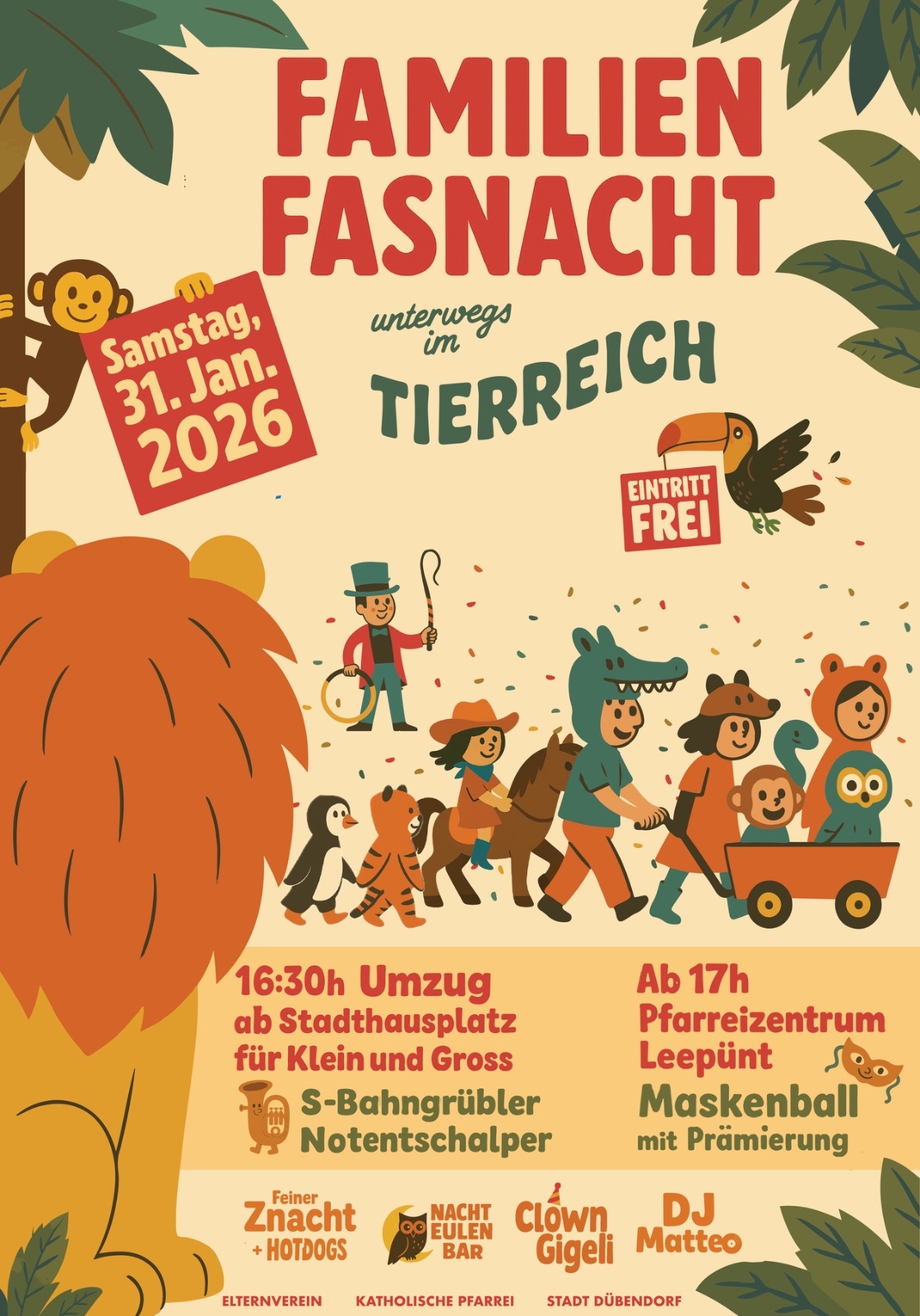 Fasnacht Dübendorf 2026 Umzug der Elterngruppe und Maskenball