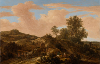 Pieter Moljin, Dünenlandschaften mit Pferdefuhrwerken, 1645, Öl auf Holz