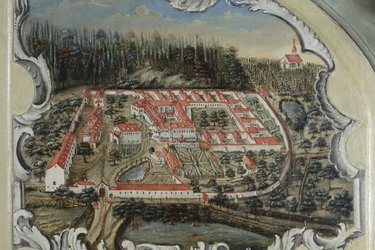Ansicht der Kartause Ittingen von Süden, Ölgemälde auf einem Türflügel im Obergeschoss des Westflügels der Kartause Ittingen, um 1757