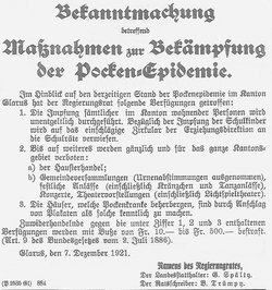 Bekanntmachung betr. Massnahmen zur Bekämpfung der Pocke-Epidemie