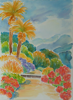 Weg mit Palmen, Aquarell