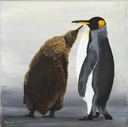 Königspinguin mit Kid, Oel auf Leinwand, 20 x 20 cm