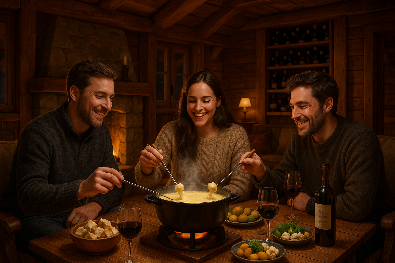 Käsefondue à discrétion im Holzchalet der Vinothek Casa Poli