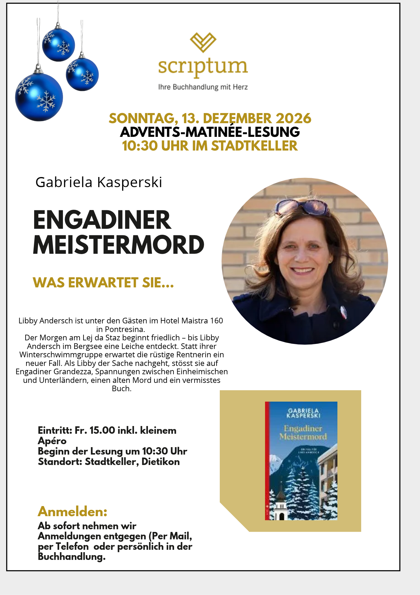 Titelbild des Events: Advents-Matinée-Lesung "Engadiner Meistermord" mit Gabriela Kasperski