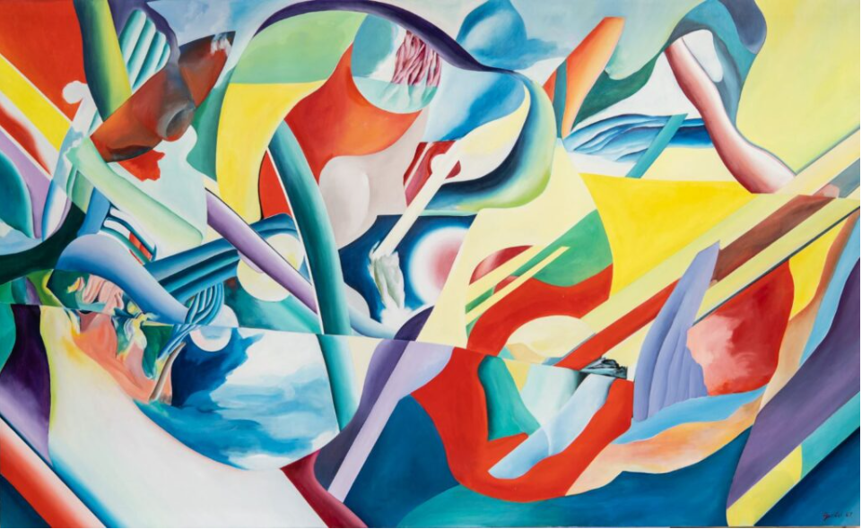 Theo Gerber, Science Fiction, 1967, Mischtechnik auf Leinwand, 180.5 x 295.5 cm, Kunstmuseum Thun. Foto: Christian Helmle