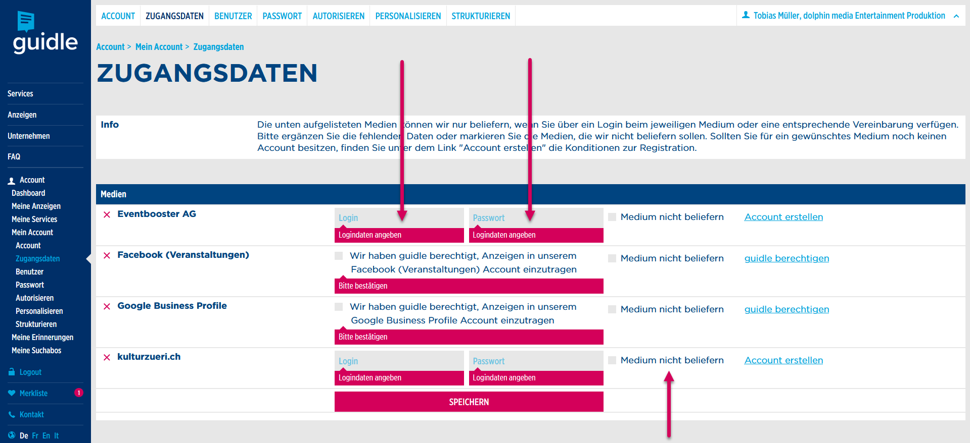 Zugangsdaten hinterlegen